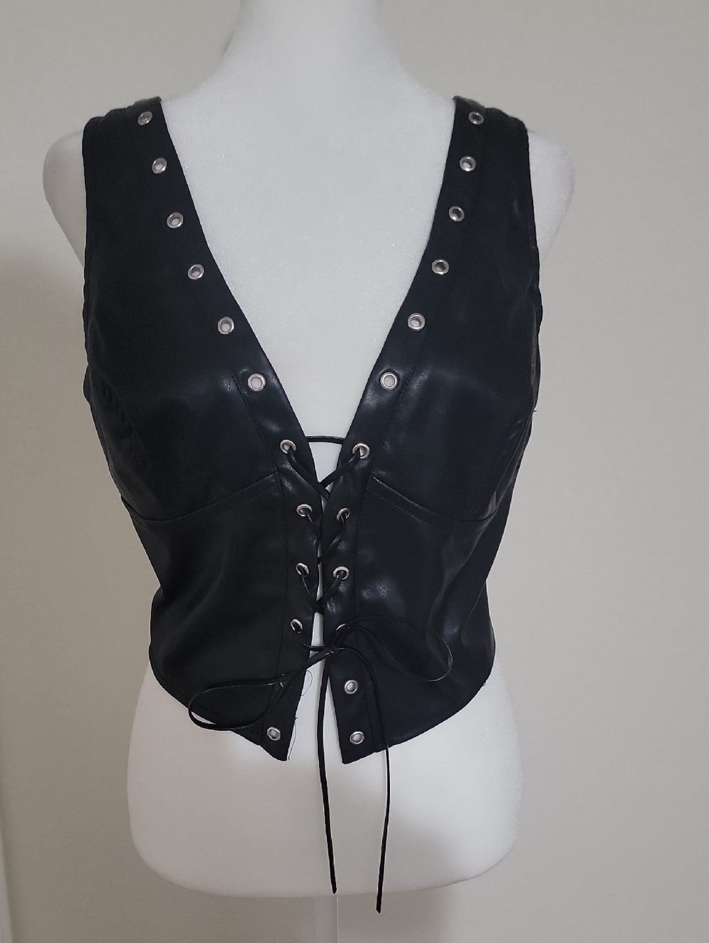 french kiss Large Black Lace-Up Faux Leather Tank Top
